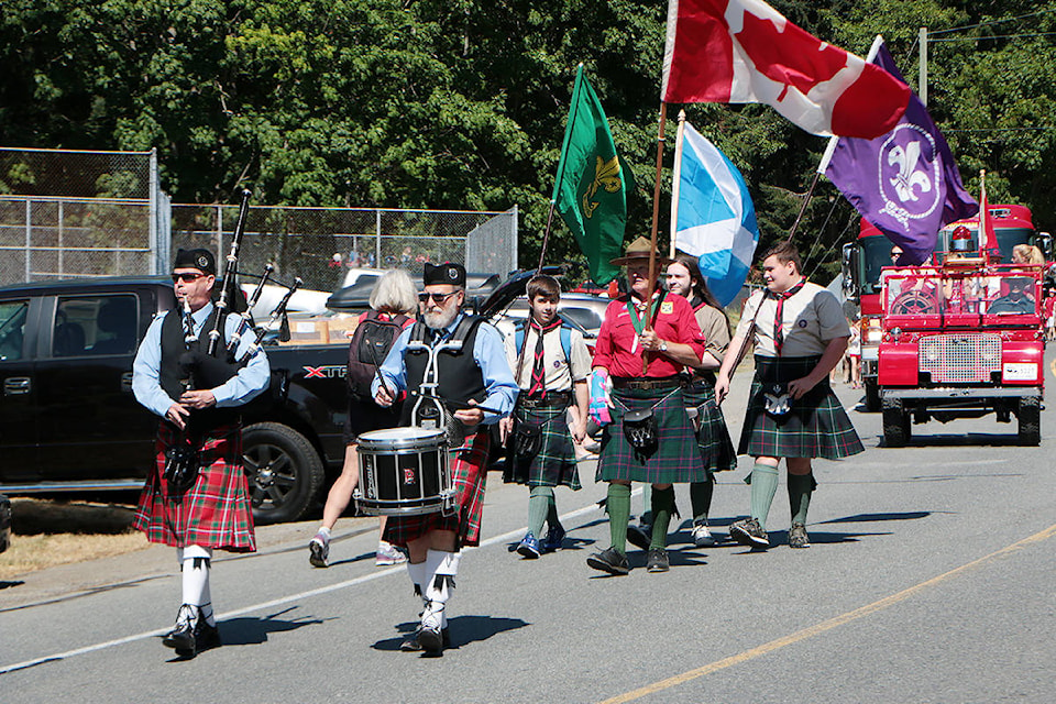 Pipers and Scouts lead the Canada Day Parade in Maple Bay last Saturday. (Kevin Rothbauer/Citizen)