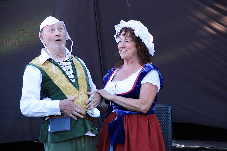 Rugby (Bob Norris) laughs with Mistress Quickly (Maggie Sullivan): two of the many memorable characters in the Shawnigan Players’ The Merry Wives of Windsor. Experiencing Sunfest from the stage pit offers an exciting new view of the festival