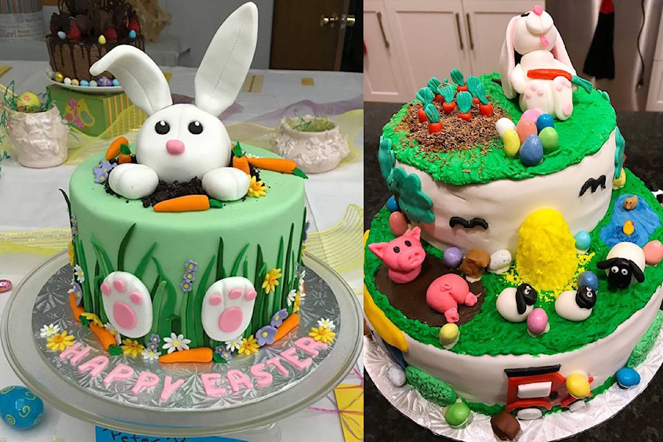 ‘Peter Rabbit’ by Debbie Lane finished first, with ‘Easter at the Farm’ by Dawn-Alena Brown taking second place in the Easter Cake Bake-off in Lake Cowichan on April 20. (Submitted)