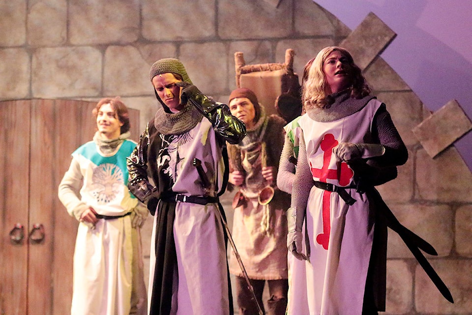 Sir Lancelot (Callum Blake-Currier) is deep in thought, flanked by fellow crusaders Sir Bedevere (Torren Kaiser), Patsy (Brendan O’Farrell) and Sir Galahad (Felix Wilson) in Brentwood College School’s production of ‘Monty Python’s Spamalot.’ (Kevin Rothbauer/Citizen)