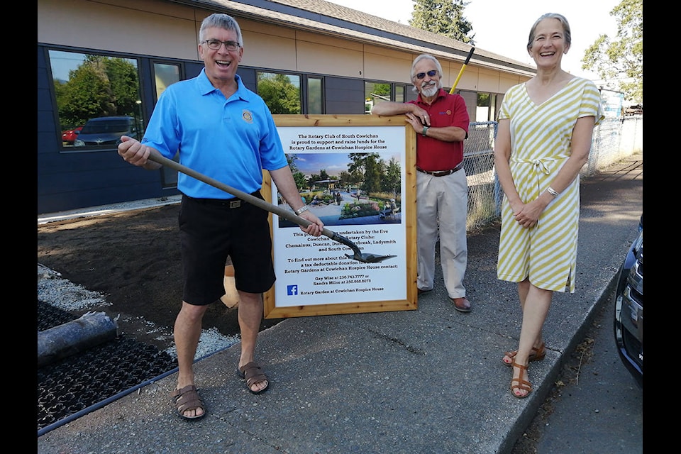 Barry Remus, Gregg Perry, and Gretchen Hartley on the grounds of the new Cowichan Valley Hospice. Cowichan Valley’s Rotary Clubs have partnered to build a garden at the site. (submitted)