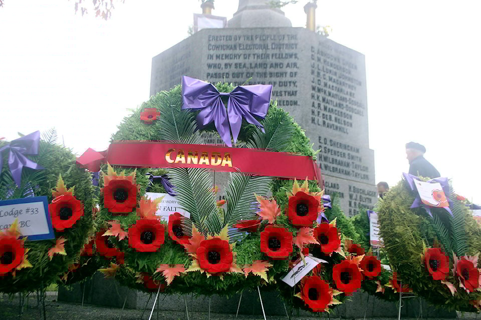 Wreaths surround the cenotaph at Charles Hoey Park in downtown Duncan following the Remembrance Day ceremony on Nov. 11. (Kevin Rothbauer/Citizen)