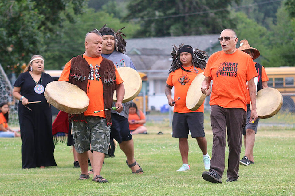 Members of Cowichan Tribes and their guests took the opportunity on July 1 to gather at the Si’em Lelum fields for an event that included reflection on the damage that Indian Residential Schools have done to Canada’s Indigenous people. (Kevin Rothbauer/Citizen)