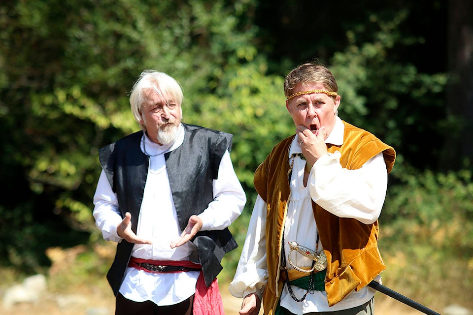 Polixenes (Rien Vesseur, right) is shocked to learn from Camillo (Robert Foell, left) that King Leontes has ordered Camillo to poison him, in the Shawnigan Players’ production of William Shakespeare’s ‘The Winter’s Tale’. (Kevin Rothbauer/Citizen)
