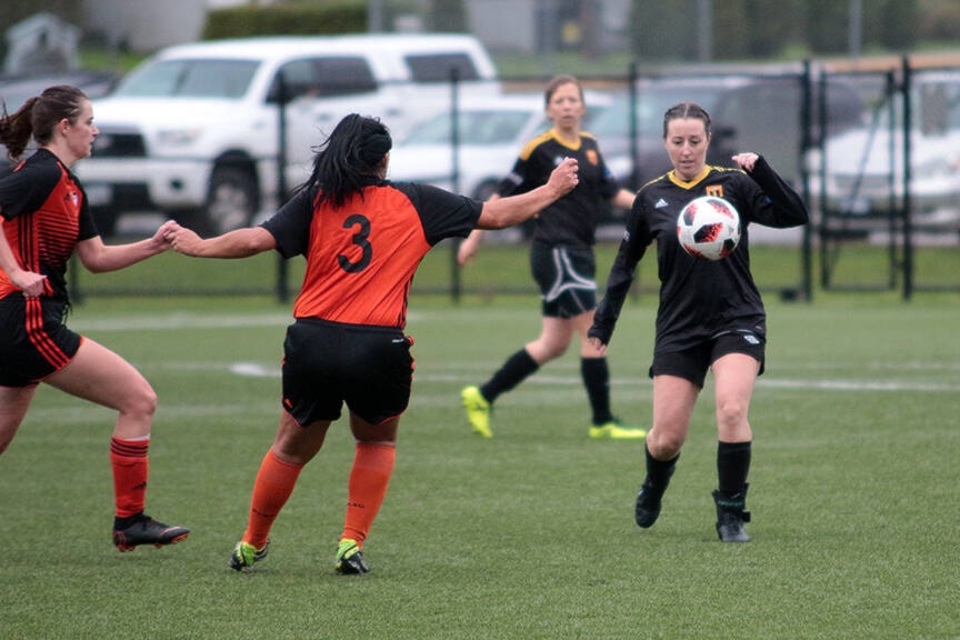 Jen Mann settles the ball during the Cowichan Cougars’ 9-0 thumping of Prospect Lake at the Sherman Road turf last Saturday. (Kevin Rothbauer/Citizen)