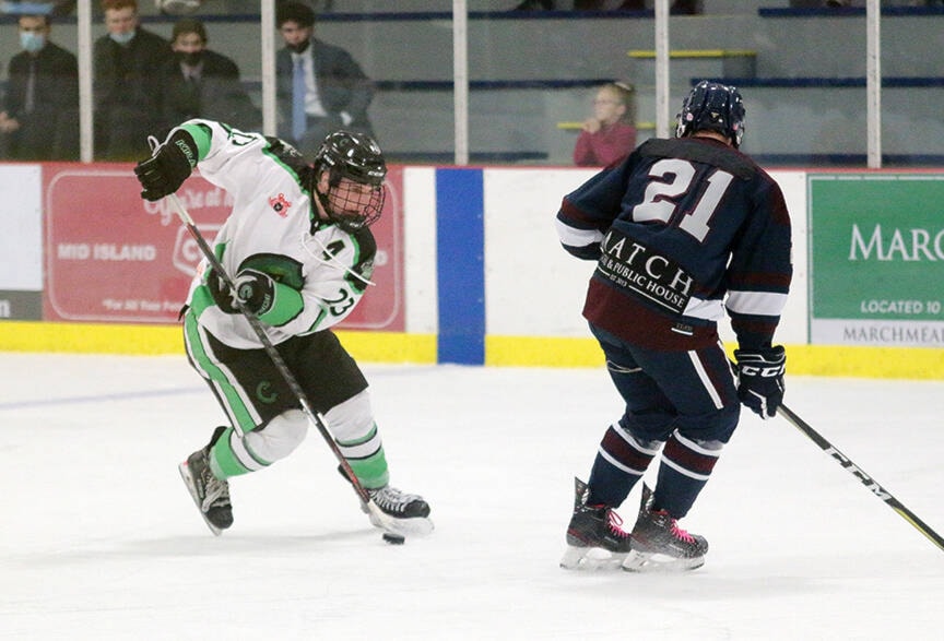 Lake Cowichan Kraken forward Julian Rutland — the overtime hero against Port Alberni on Saturday — slips past a Comox Valley Glacier Kings defender during his team’s 5-1 win at the Cowichan Lake Sports Arena last Friday. (Kevin Rothbauer/Gazette)