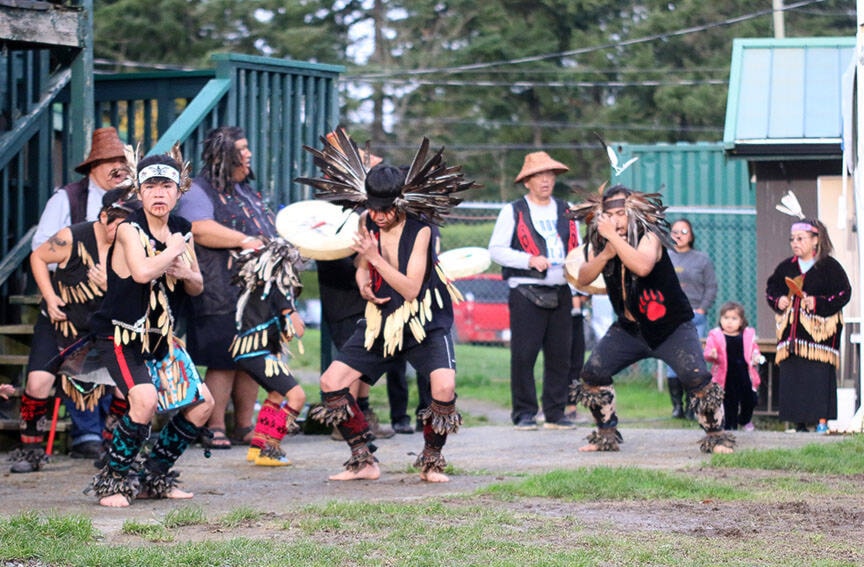 The Tzinquaw Dancers perform during a blessing ceremony at the Cowichan Rugby Football Club grounds last Saturday afternoon. (Kevin Rothbauer/Citizen)