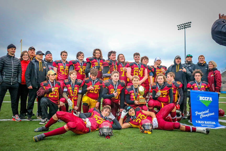 The bantam Cowichan Bulldogs celebrate after winning the provincial nine-man championship in Langley last Saturday. (Jen Laver photo)