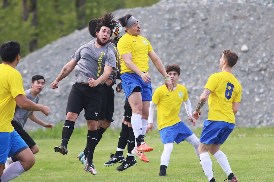 Brydon Sampson goes up for a header during Quw’utsun FC’s opening-round win over Gwayasdums last Saturday. (Kevin Rothbauer/Citizen)