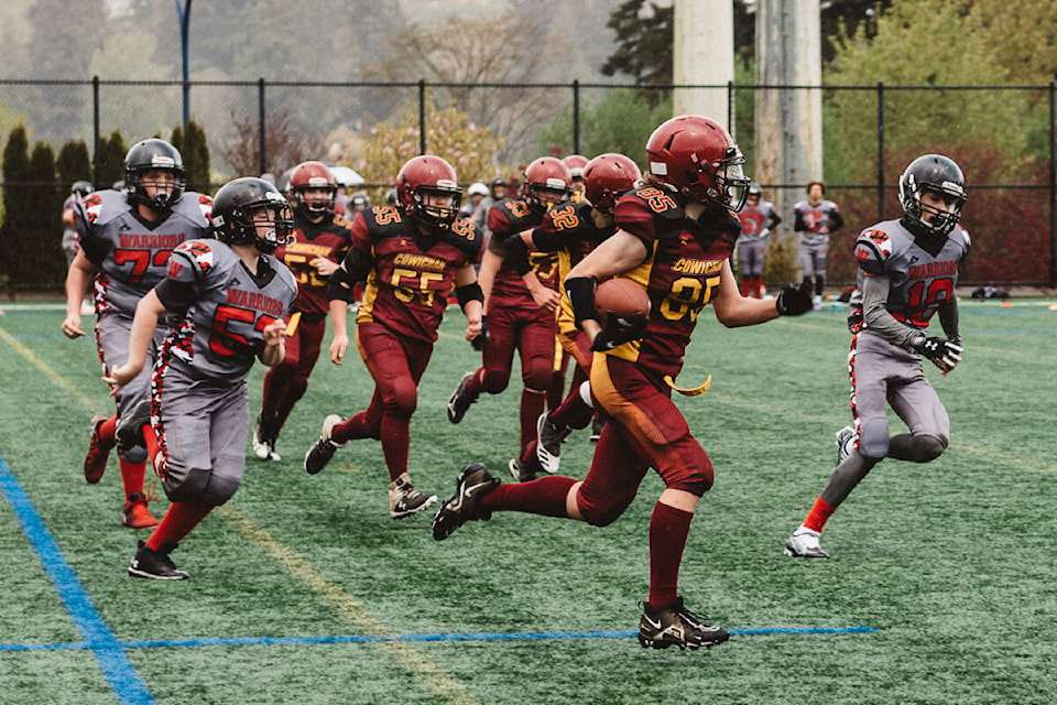 The junior bantam Cowichan Bulldogs played to a 44-7 loss to the Westshore Spartans at Goudy Field last Sunday. (Masika Woods photo)