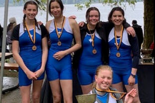 Ava Roe, Sadie Wood, Sierra Priekshot, Ashley Pepper and cox Quinlan Campbell of the Maple Bay Rowing Club rowed to gold in the women’s U15 coxed quad. (Submitted by the Maple Bay Rowing Club)