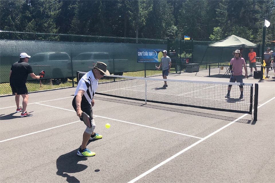 A pickleball demonstration at the grand opening of the Shawnigan Lake pickleball courts on June 25. (Kevin Rothbauer/Citizen)