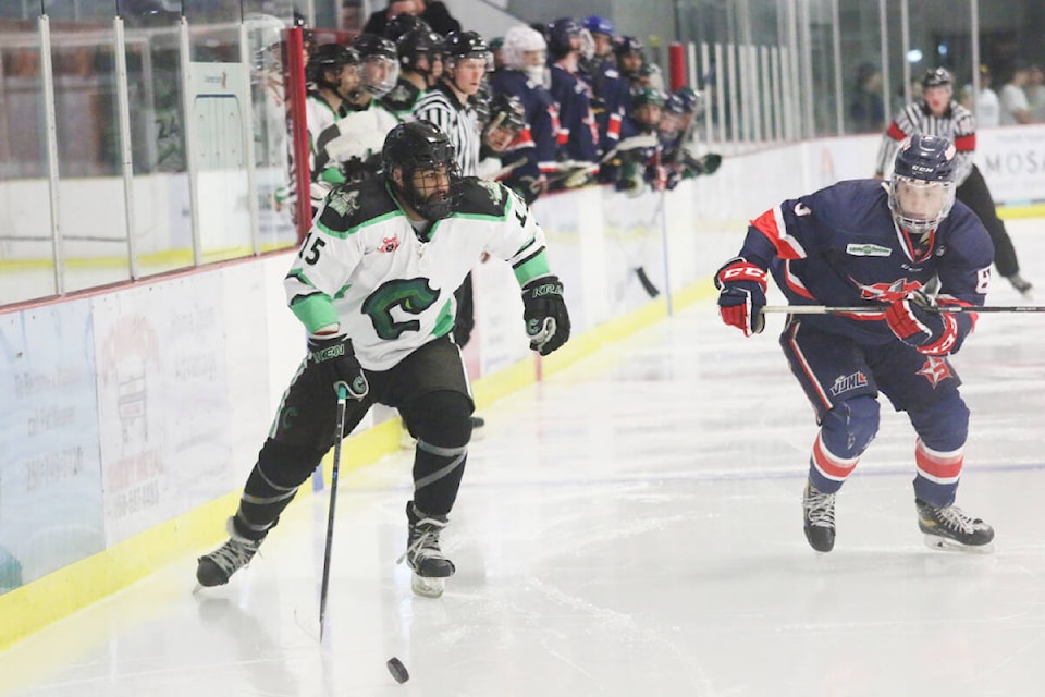 Veteran winger Sukhraj Narwal drives into the offensive zone during the Lake Cowichan Kraken’s exhibition game against the Oceanside Generals on Tuesday night. (Kevin Rothbauer/Citizen)