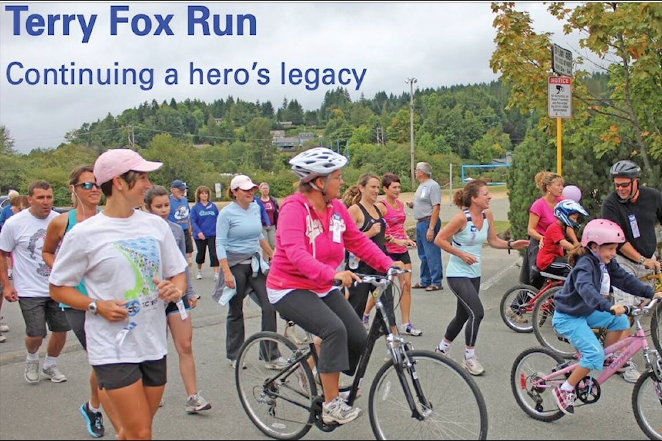 ”Runners, walkers, bikers, and even kids in strollers head out from the start line at Saywell Park for this year’s Terry Fox Run on Sunday, Sept. 9, to help raise funds for cancer research. (Lake Cowichan Gazette/ Sept. 12, 2012)