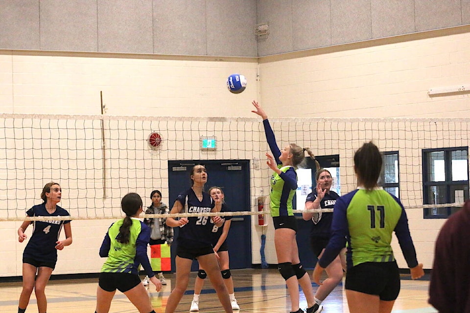 One of the Duncan Christian School and Cowichan Secondary School senior girls volleyball tournament’s first games over the weekend featured DCS against Queen Margaret’s School. (Sarah Simpson/Citizen)