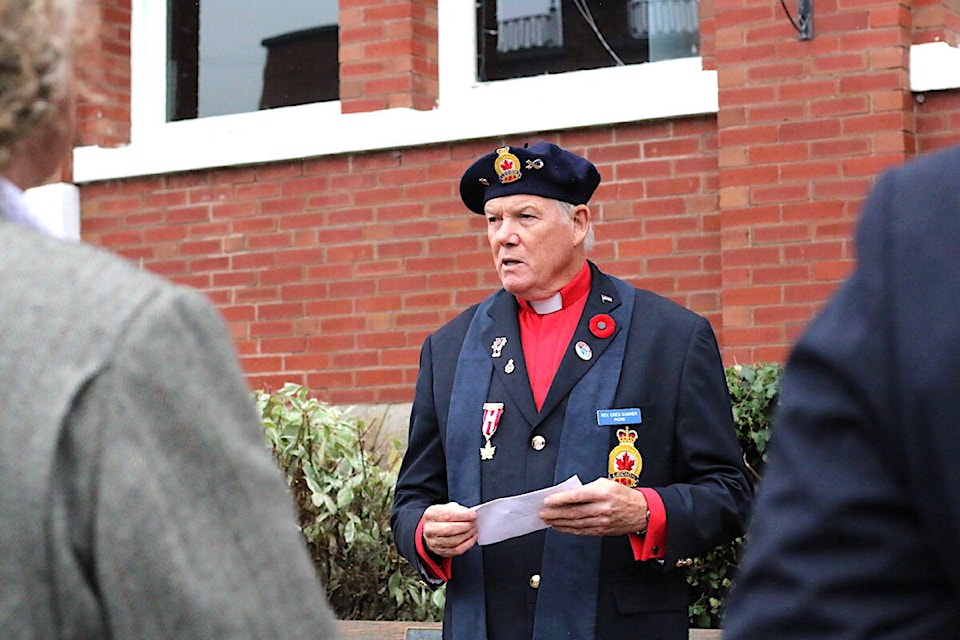 Royal Canadian Legion chaplain Rev. Greg Sumner speaks during the Legion’s annual poppy flag raising at Duncan City Hall on Sunday, Oct. 30. (Sarah Simpson/Citizen)