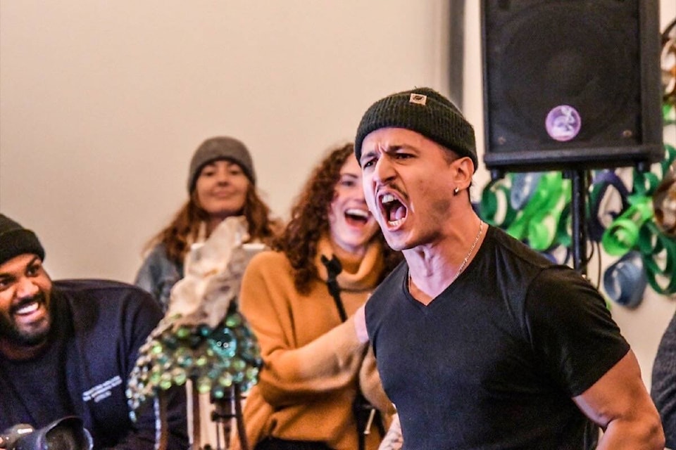 Chris Manocchio unleashes after taking first place and a $1500 cash prize at the Tofino Oyster Festival Shucker’s Showdown on Nov. 27 at the Shore Pier. (Marcie Callewaert photos)