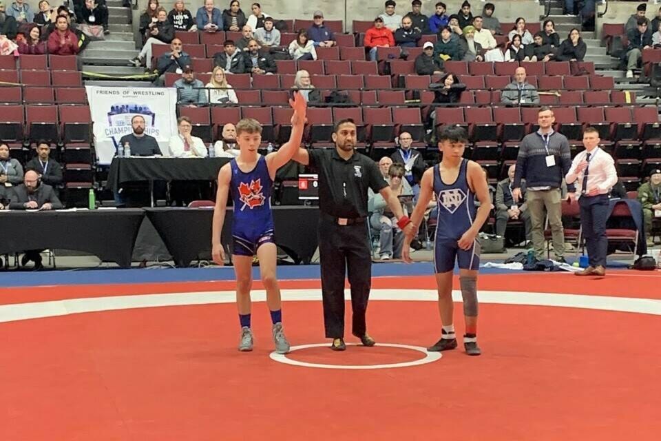 Carter Zuback wins gold in his weight class at the B.C. High School Wrestling Championships in Vancouver last weekend. (Courtesy of Nick Zuback)