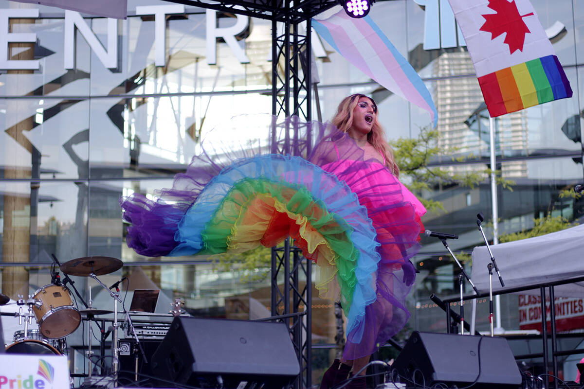 Ra, of Vancouver, was one of the MCs for the 2022 Surrey Pride Festival at Central City Plaza on June 25, 2022. (File photo: Lauren Collins)