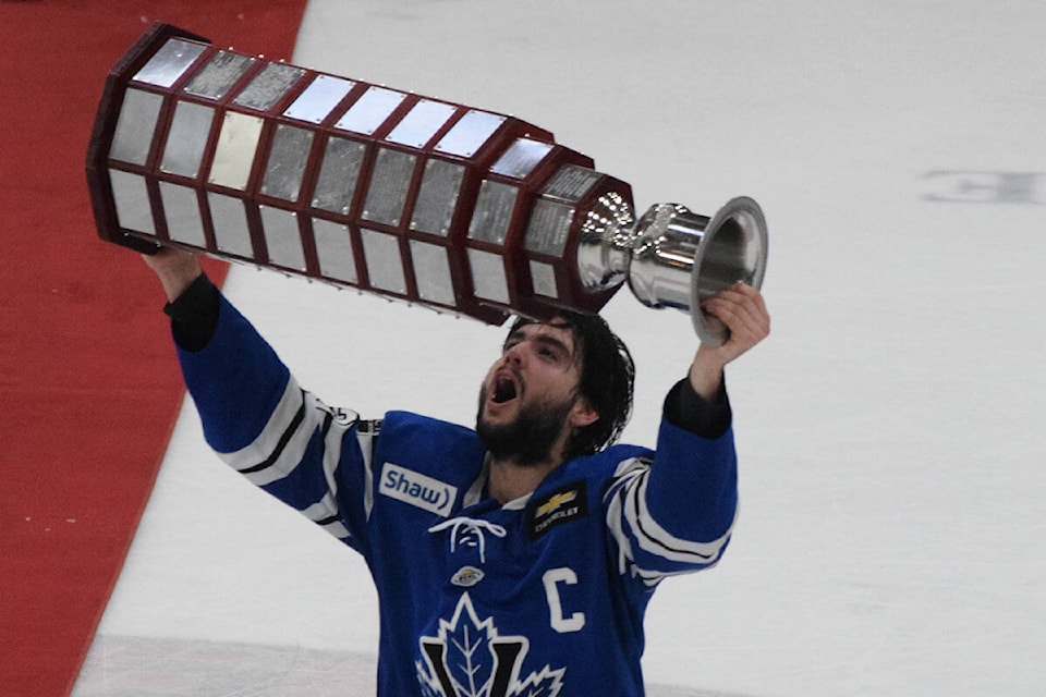 Penticton Vees captain Frank Djurasevic lifts the Fred Page Cup at the Alberni Valley Multiplex on May 17, 2023. (ELENA RARDON / ALBERNI VALLEY NEWS)