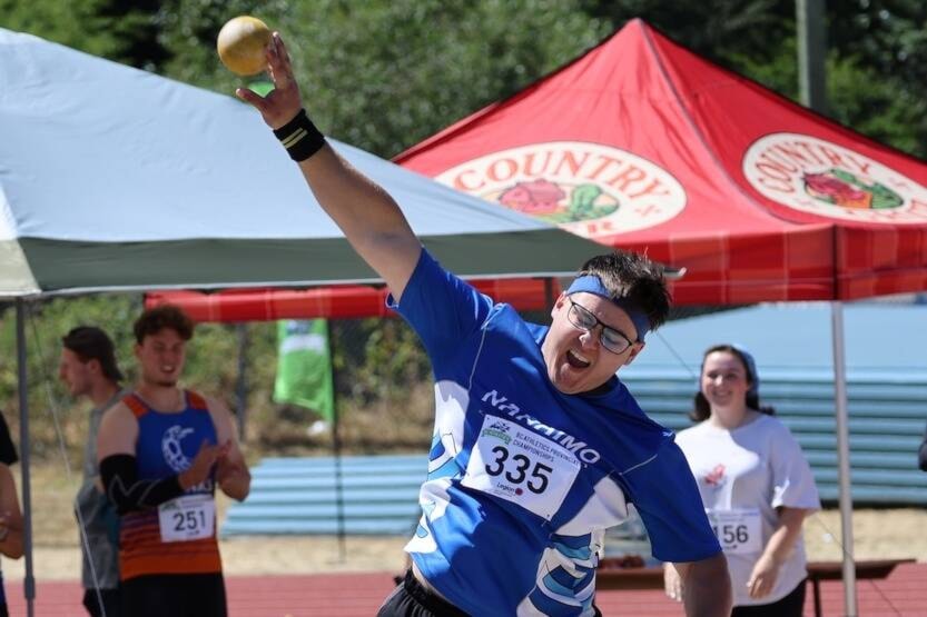 Connor Hengstler throws a shot put during the Nanaimo Jamboree on July 9 in Nanaimo. (Courtesy of Connor Hengstler)