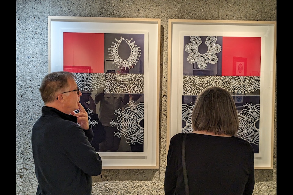 Guest take in the captivating  work at the Islands Printmaking Biennial Affinity: Connected Relationships which runs out of the Cowichan Valley Council Arts Gallery until July 6. 