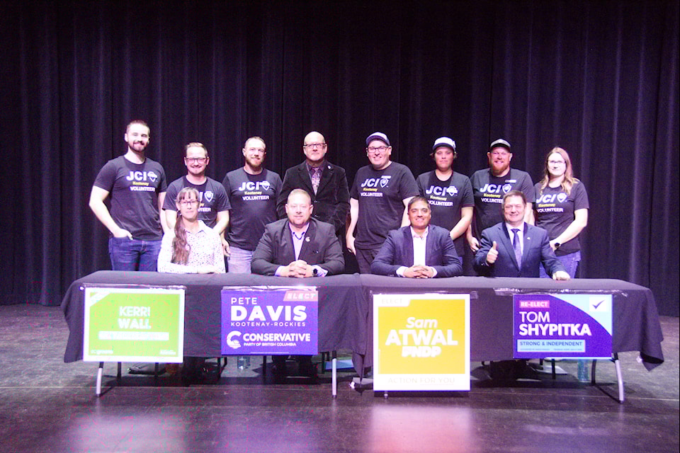 The forum was hosted by JCI Kootenay. From left to right: Kerri Wall, BC Green Party, Pete Davis, Conservative Party of B.C., Sam Atwal, BC NDP, Tom Shypitka, Independent. Trevor Crawley/Cranbrook Townsman.