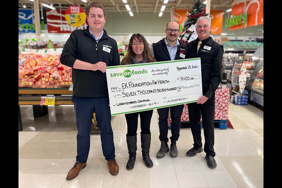 East Kootenay Foundation for Health (EKFH) accepts a $7,400 donation from Cranbrook and Kimberley Save-On-Food stores on Nov. 13. From left, is Kimberley Save-On-Foods manager Brad Sayers, EKFH executive director Brenna Baker, Cranbrook Save-On-Foods assistant store manager Dane Milliken and Cranbrook Save-on-Foods manager Ted Murrell (Gillian Francis/CranbrookTownsman)