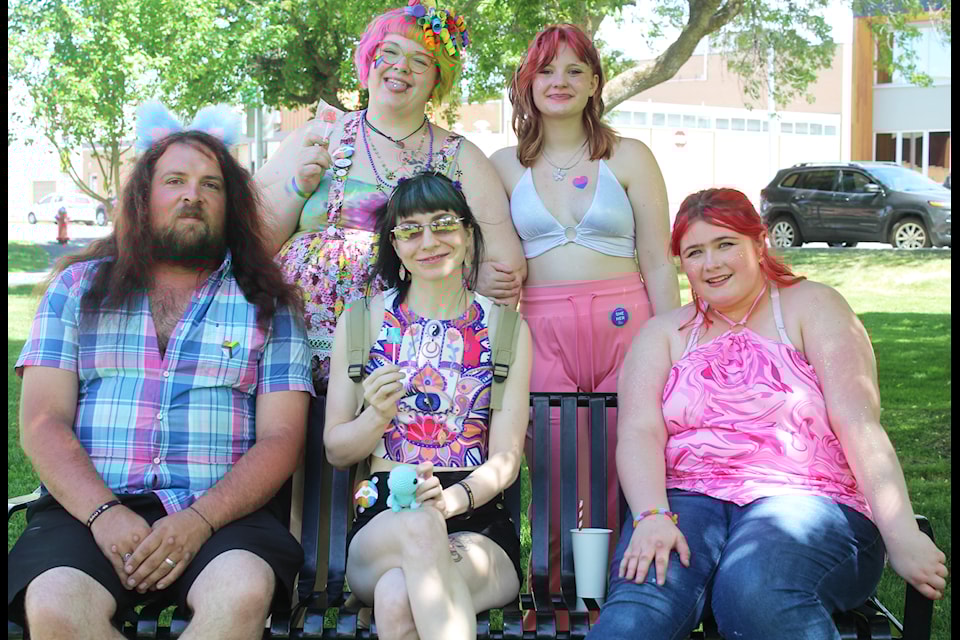 Friends gather in Rotary Park to celebrate Cranbrook Pride. From front left, is Justin Hooles, Tia and Jordan Knull. From back left, is Chezzy Hooles and Lucy Latondress (Gillian Francis/CranbrookTownsman)