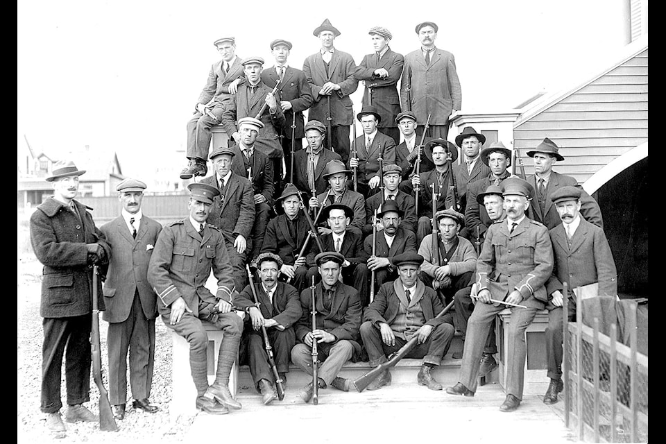 Cranbrook's first contingent of recruits, on the steps of the Cranbrook Court House, August, 1914. (Cranbrook Historical Archives 1976-063-004)
