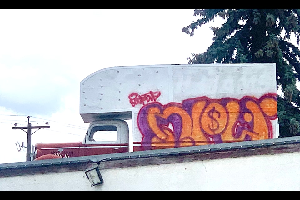 The vintage truck atop Williams Moving and Storage was recently vandalized. 