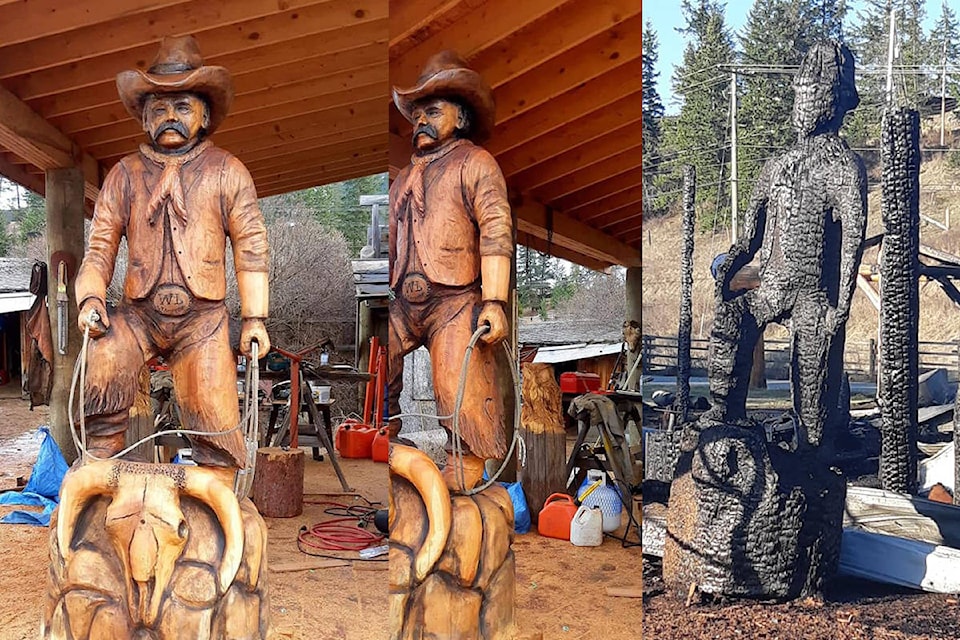 Carver Ken Sheen had almost finished work on a large cowboy carving commissioned by the City of Williams Lake to replace the original overlooking the Stampede Grounds when fire broke out Friday, April 18 at his property between Williams Lake and Quesnel. (Pine River Carving Facebook photos)