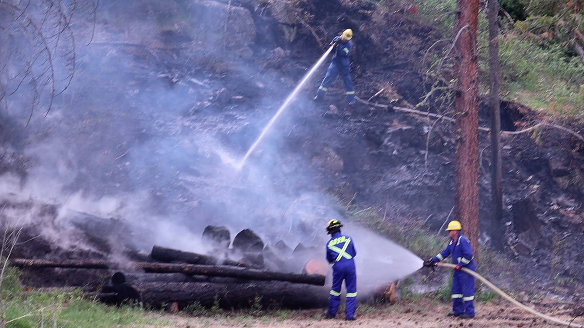 A log pile smoulders at the foot of a slope which caught fire on a rural property east of Grand Forks Tuesday, May 18. Photo: Laurie Tritschler
