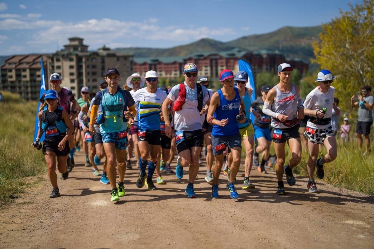 The hares, or fastest runners, begin the 160-km Run Rabbit Run ultramarathon in Colorado on Sept. 18. Nelsons Dave Stevens can be seen third from the right in blue. Photo: Paul Nelson