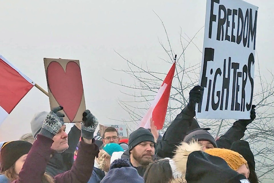 Several hundred demonstrators lined Hwy. 1 and the 264th St. overpass in Aldergrove Sunday morning, Jan, 23, to show support for a convoy of truckers protesting a vaccine mandate. (Dan Ferguson/Langley Advance Times)