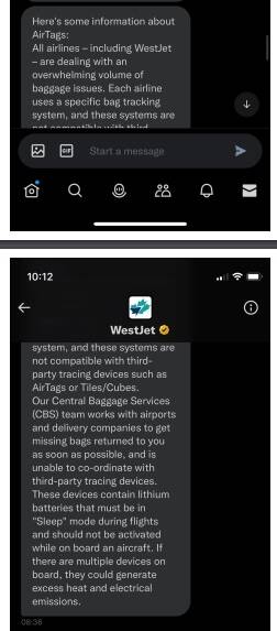A Twitter message from WestJet responding to Colleen Derkatchs messages regarding lost luggage. (Contributed)