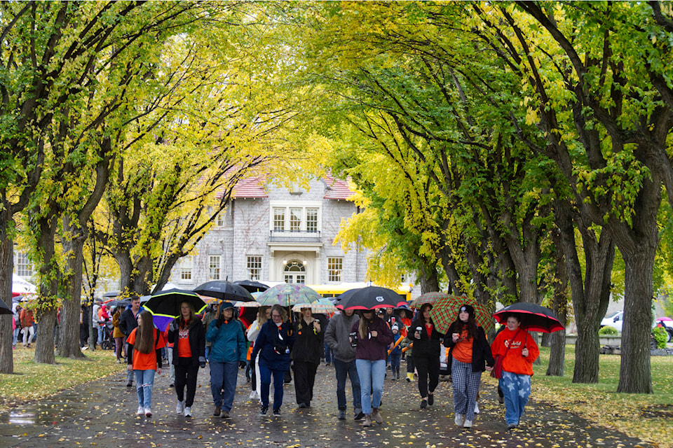 A walk for truth and reconciliation was held in ʔaq̓am at the St. Eugene Golf Resort and Casino — a former residential school — to mark National Day for Truth and Reconciliation on Saturday, Sept. 30. Trevor Crawley photo.