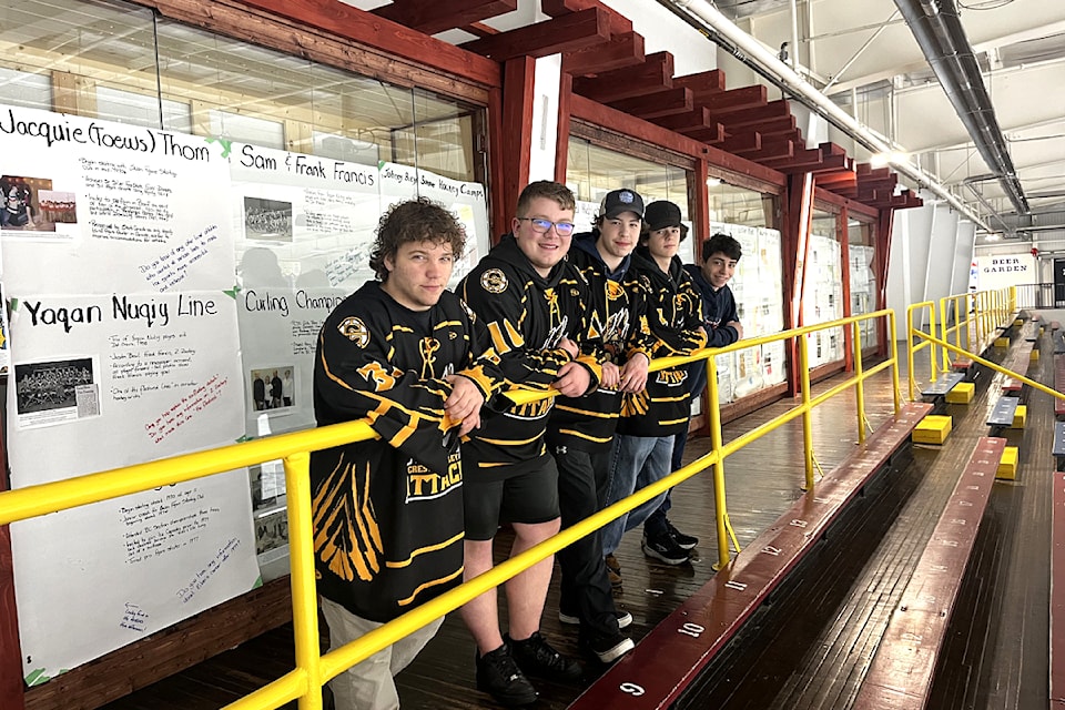 (L-R) Medeas Brunham, Ryker Grunewald, Aaron Starr, Ryan Phelps, and Haven Brunham were on hand to help set up the Legacy Project at the Johnny Bucyk Area. 
