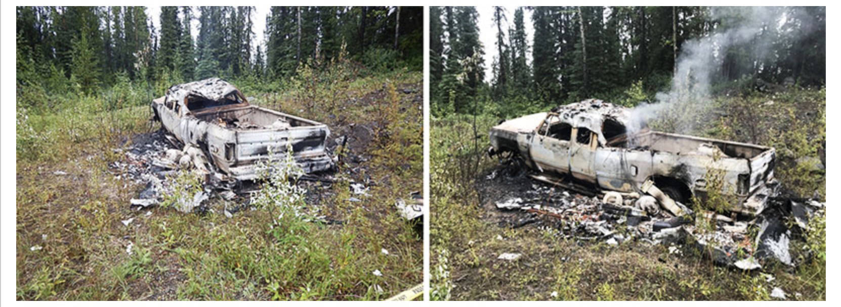 Burnt vehicle belonging to Bryer Schmegelsky and Kam McLeod. (RCMP handout)