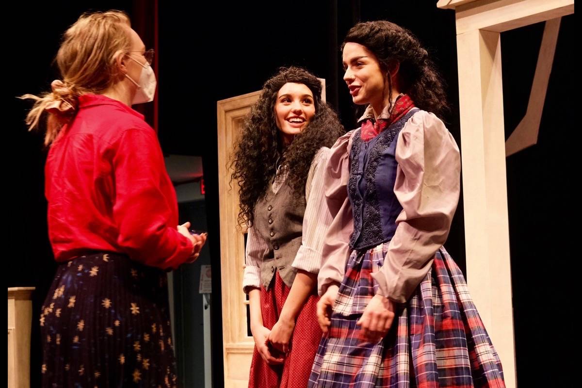Actors Cetonaya Sammartino and Isabel McAleer confer with director Adriana Bogaard. Photo: Bill Metcalfe