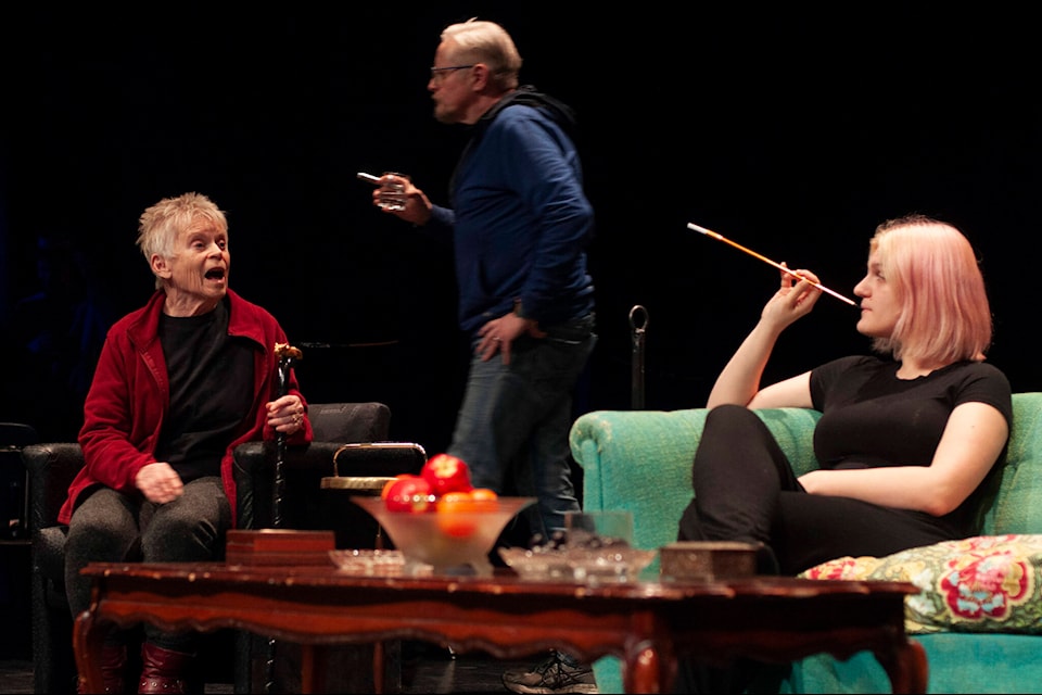 Ann Deatherage delivers a line to Zoe Marini during a rehearsal for Bloody Murder. (Photo by Brian Lawrence)