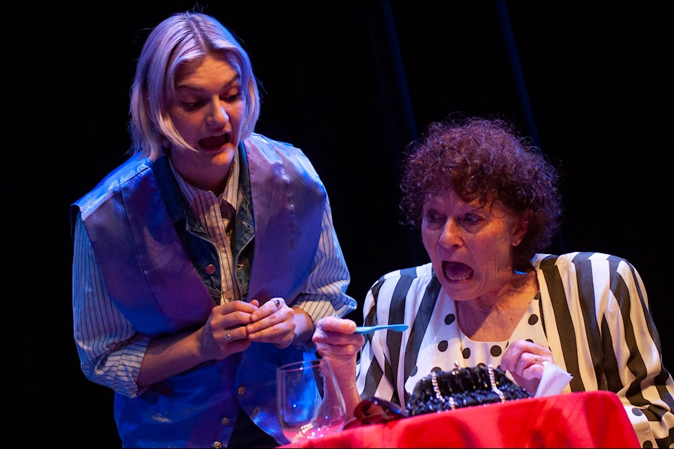 Actors Zoe Marini, as jewel thief Frankie, and Suzanne Chubb, as food critic Damanda Dumper, rehearse for Million Dollar Meatballs, which promises lots of laughs in the disco-themed 70s. (Photo by Brian Lawrence)