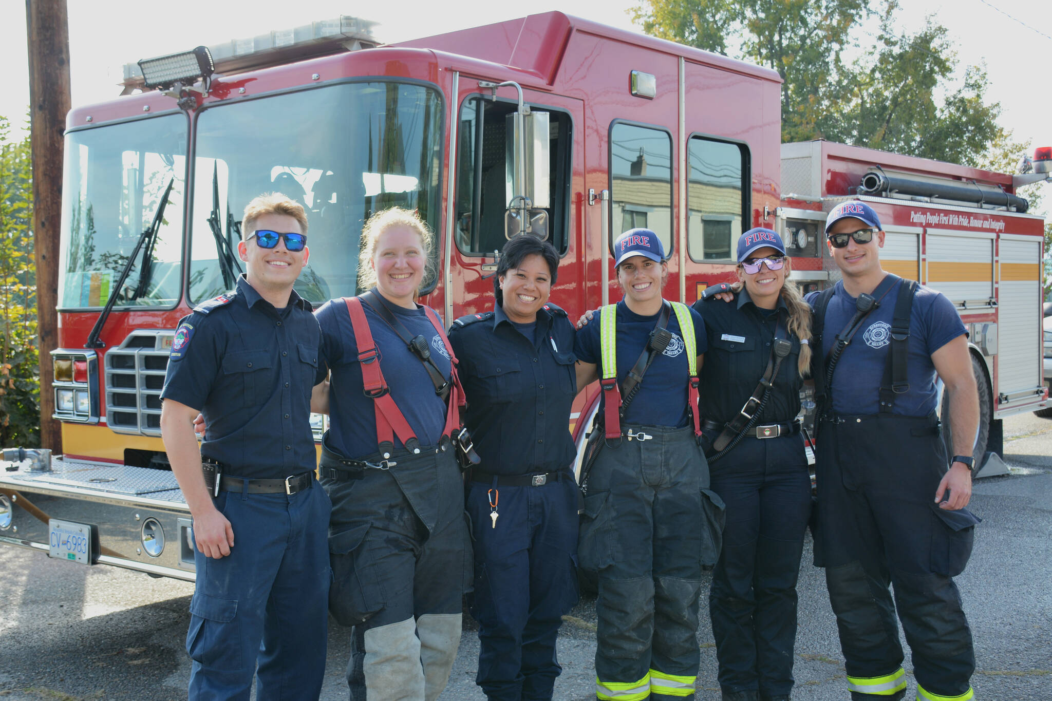 Firefighters in the Work Experience Program pose together in Creston - Ross Scherger, Brooke Bean, Eileen Flormata, Lindsey Hoffman, Ashley Bergson, and Matt Schembri. (Photo by Kelsey Yates)