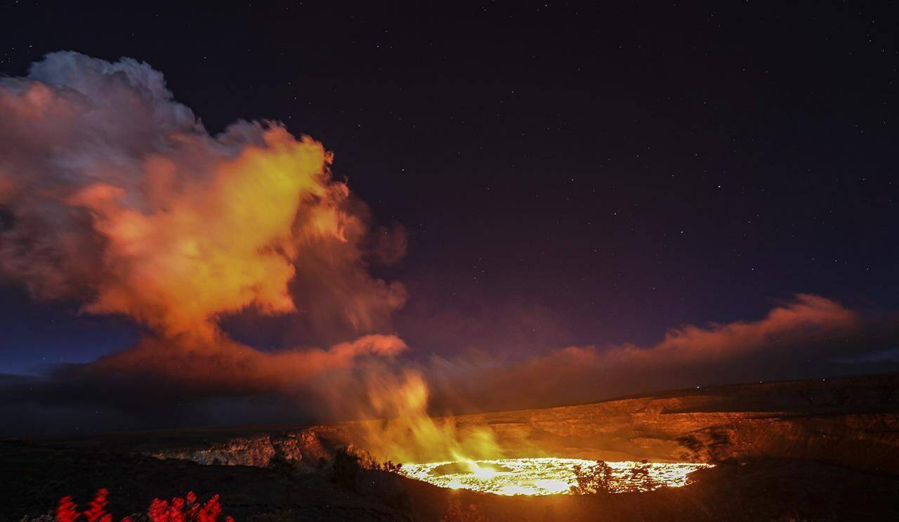 This photo provided by EpicLava shows the eruption inside the summit crater of the Kilauea volcano on the Big Island of Hawaii, Thursday, Jan. 5, 2023. Hawaiis Kilauea, one of the worlds most active volcanoes, is erupting again and providing a spectacle that includes bursting lava fountains and lava waves but no Big Island communities are in danger. (John Tarson/EpicLava via AP)
