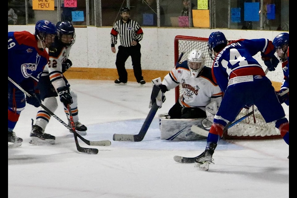 Connor Stojan made 41 saves in a 4-0 shutout win for the B.V. Nitehawks over the Creston Thundercats on Friday at the Hawks Nest. Photos: Jim Bailey