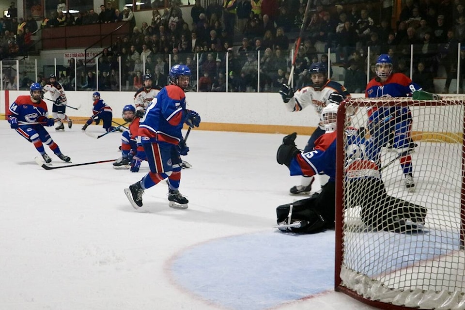 Nitehawks assistant captain Kaleb Percival’s point shot sailed through traffic and over the glove of Creston goalie Parker Forrest for a 3-2 overtime victory in Game 7 of the Neil Murdoch Division final. Photos: Jim Bailey