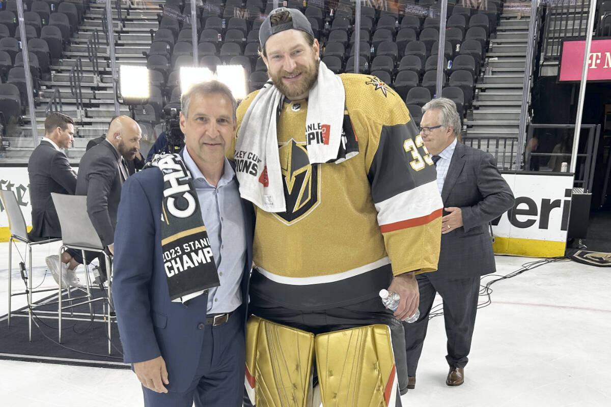 Bruno Campese poses with Vegas goaltender Adin Hill on the ice after the Golden Knights won their first Stanley Cup on June 13. Photo courtesy Bruno Campese