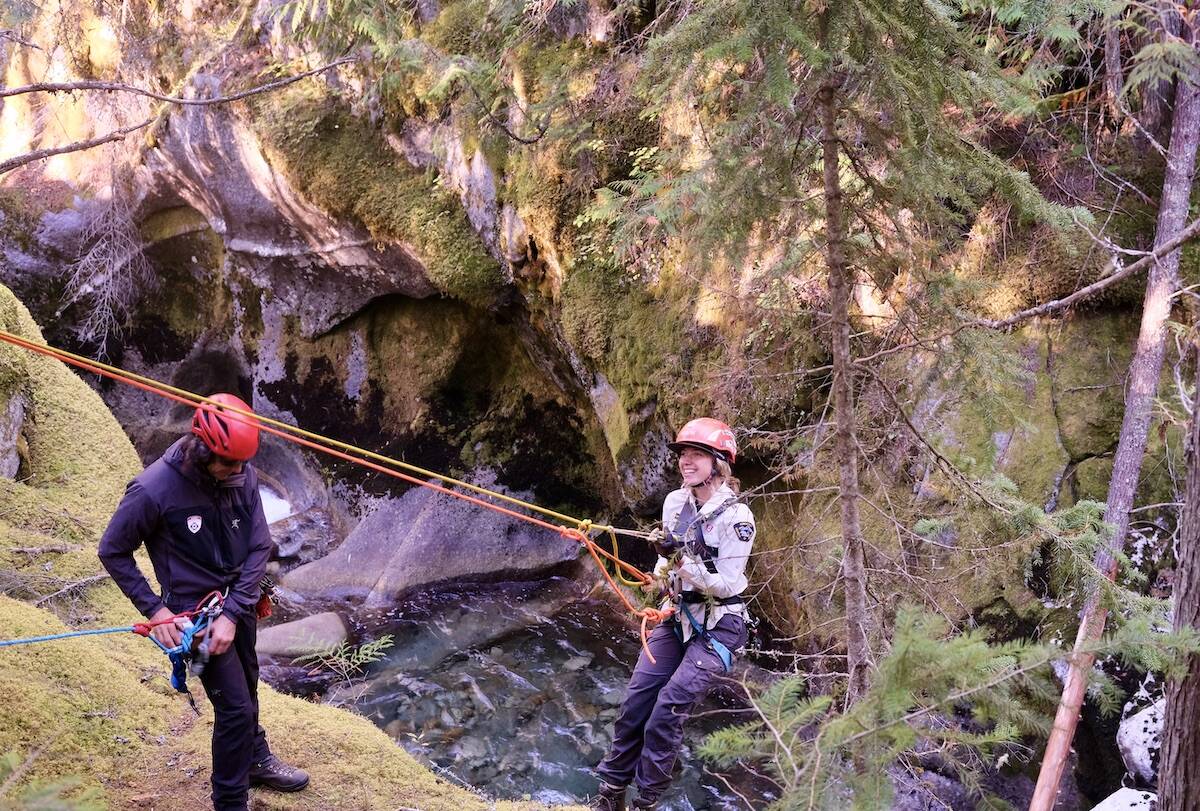 Rosemarie Smith on her way down into Kokanee Creek as part of a practice rescue. Photo: Bill Metcalfe