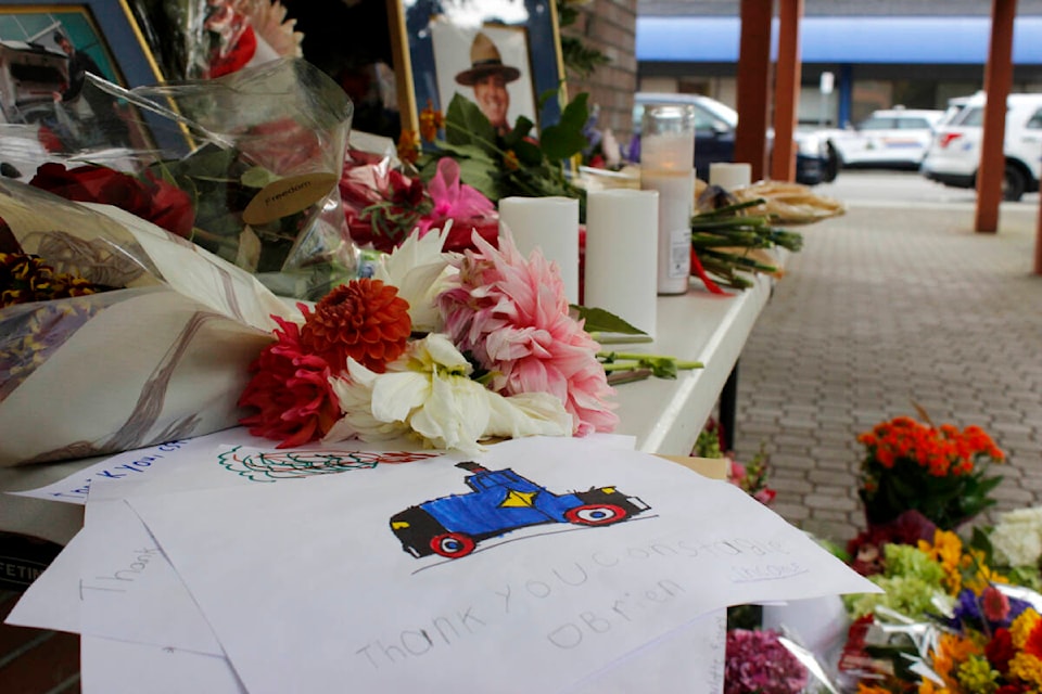 A memorial has been set up at the Ridge Meadows RCMP detachment in Maple Ridge to honour Const. Rick O’Brien, who was killed on Sept. 22 while executing a search warrant in Coquitlam. (Brandon Tucker/The News)