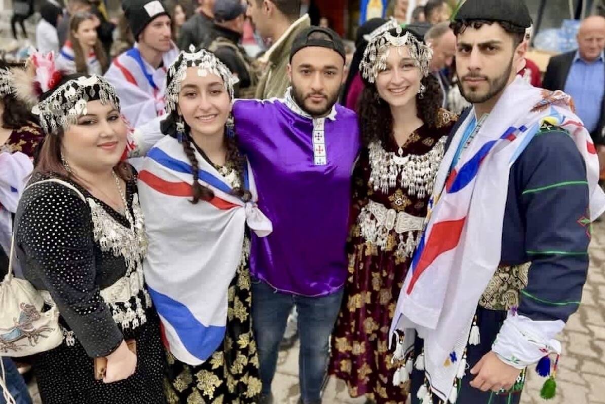Assyrian New Year 2023, L-R: Romta Bet Shmuel, Ishtar Warda, Ninos Mansor, Tenise Marie, Daniel Sada. Traditional Assyrian Khomala provided by Steve Alsati, an Iraq-based Assyrian fashion designer whose focus is on preserving and reproducing these pieces. Photo: Submitted